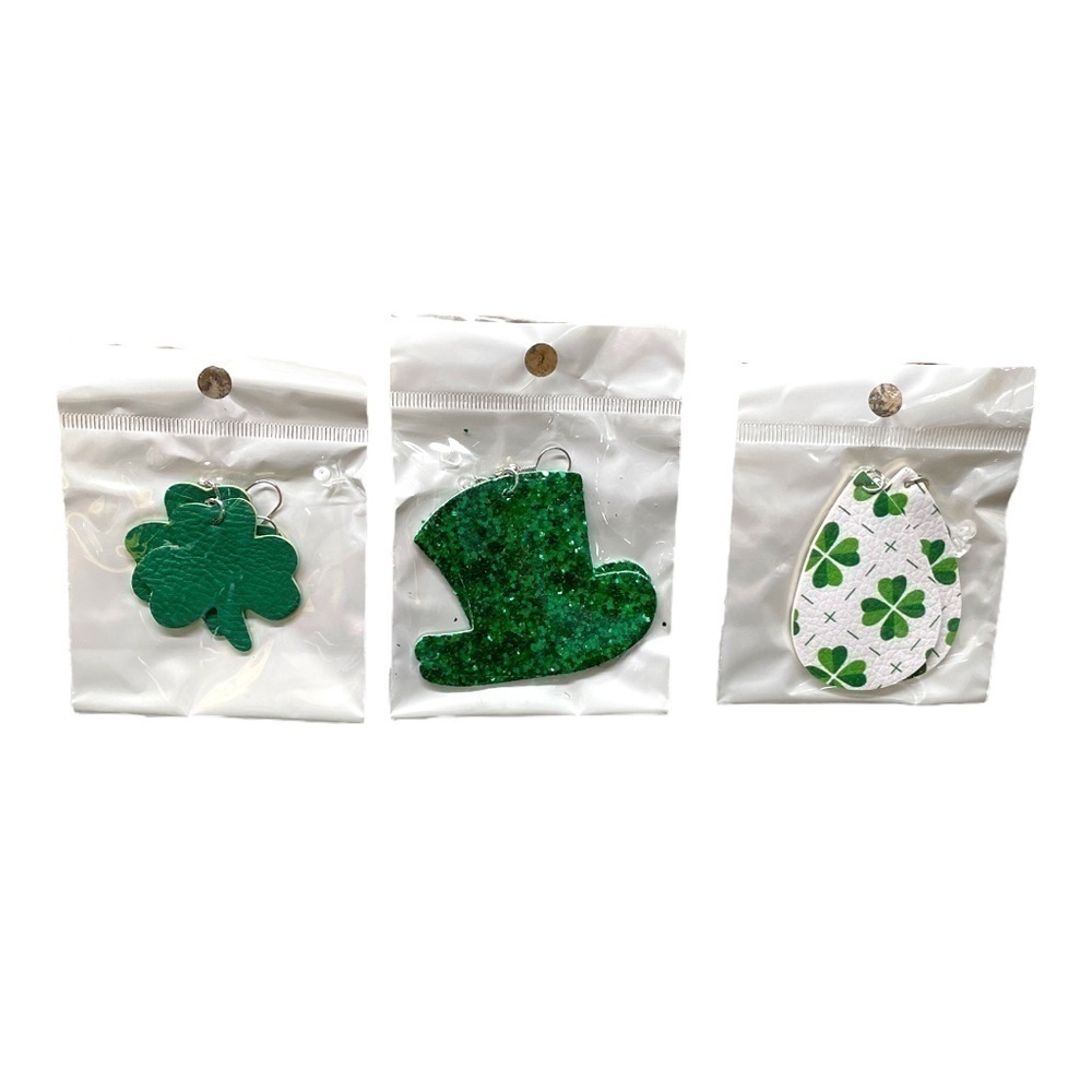 St Patricks Day Shamrock Clover Faux Leather Teardrop Dangle Earrings 3 Pair NWT